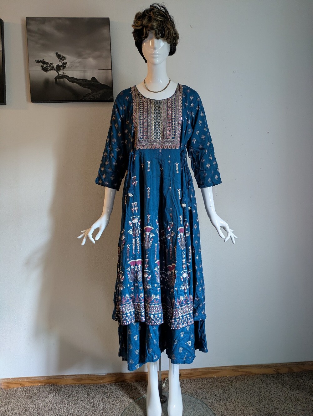 Avaasa Teal Blue Layered Kurti Dress with Gold Accents
